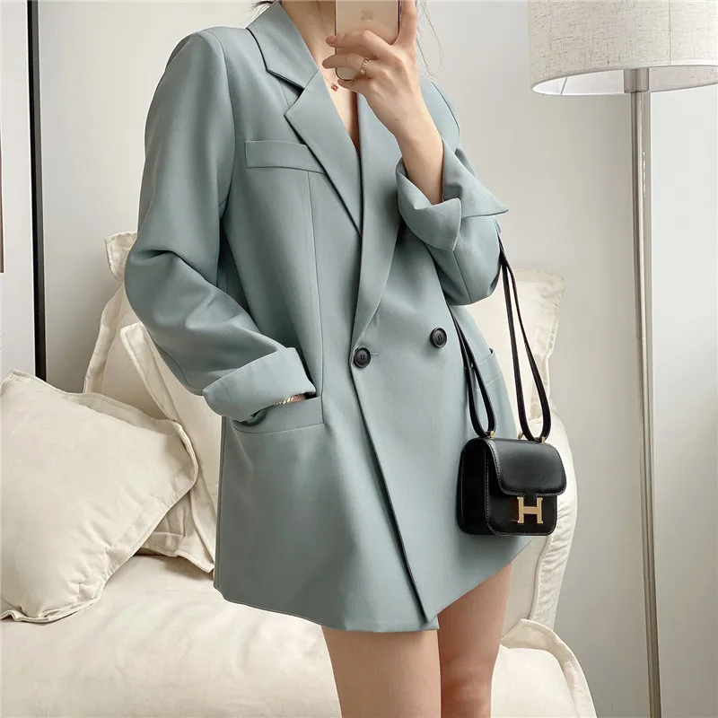 

Женский двубортный пиджак, элегантный повседневный офисный пиджак серого-синего цвета с английским воротником и длинным рукавом, весна 2023