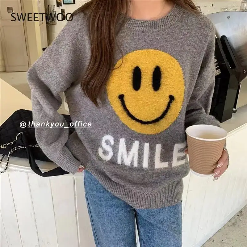 Smiling Face Lazy Pullover Sweater Y2K Women's Autumn and Winter Fashion Age Reduction Round Neck Bottoming Sweater 2022