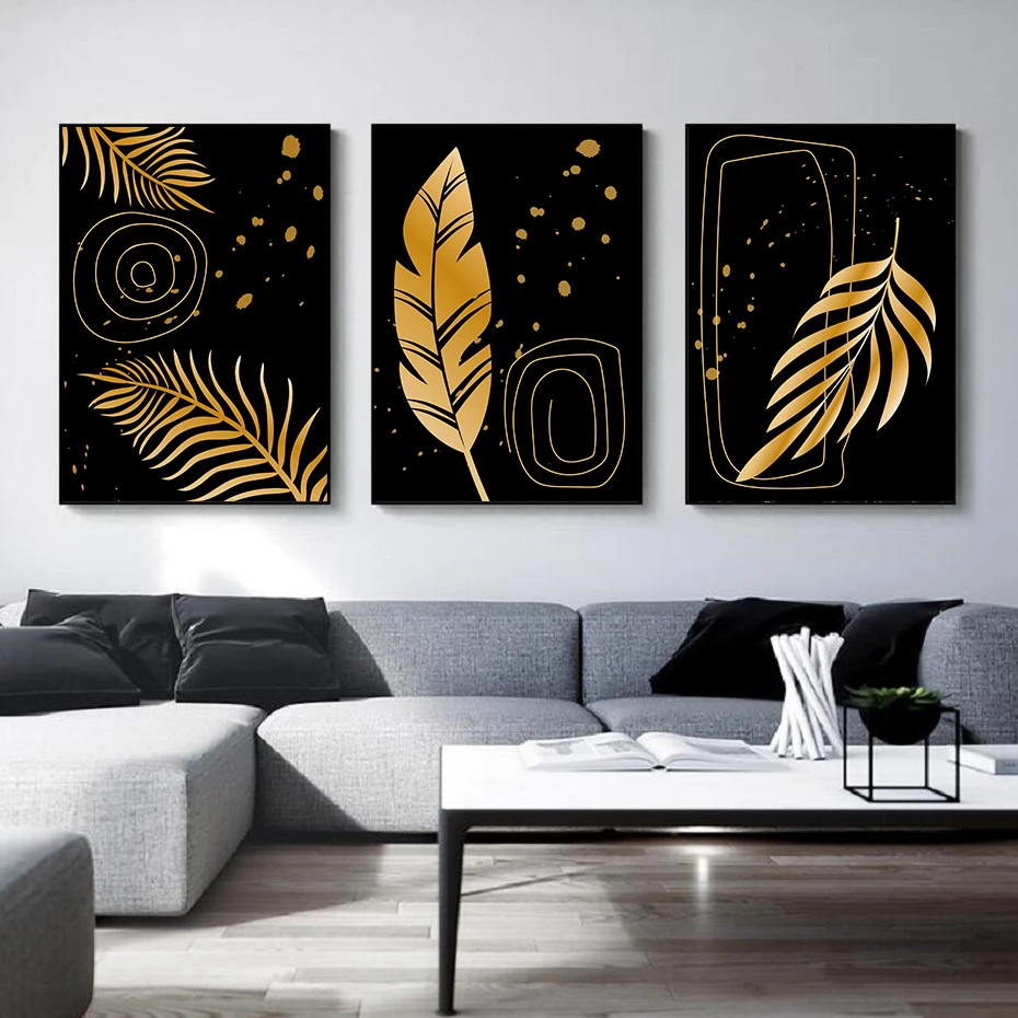 

Black Gold Poster Abstract 3Pcs Wall Art Golden Plant Leaf Canvas Painting Modern Trendy Creative Prints Living Room Decor