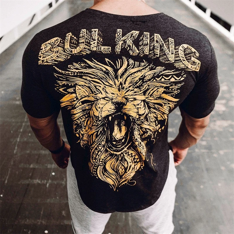 

Summer fashion printed lion men's T-shirt round neck short sleeve casual top jogger quick drying fitness Sportswear