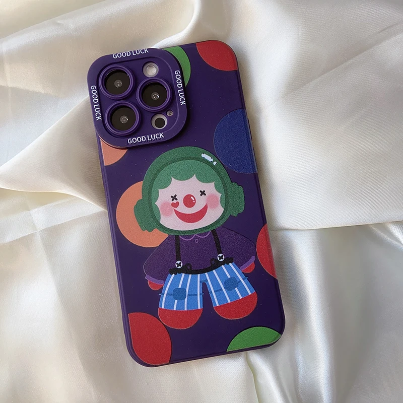 

Funny Cartoon Clown Liquid Silicon Phone Case For iPhone 11 12 13 14 Pro Max Plus Mini XR X XS Lens Protection Square Soft Cover
