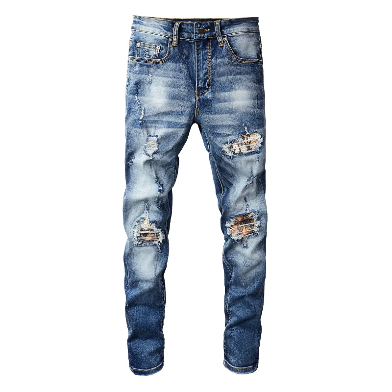 Street Fashion Men Jeans Retro Blue Elastic Stretch Slim Fit Hole Ripped Jeans Men Patched Designer Hip Hop Denim Pants Hombre