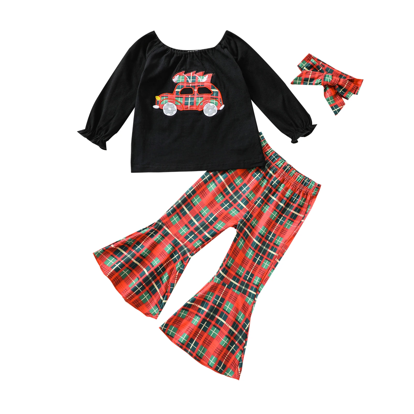 

Girls Christmas Clothes Set Car Embroidery Long Sleeve O-neck Tops+Plaid Print Trousers+Headband