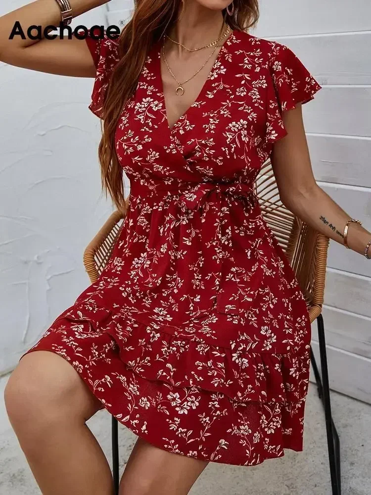 Aachoae-Vestido corto con estampado Floral para mujer минивэтер неформальный de manga corta cuello en V estilo bohemio