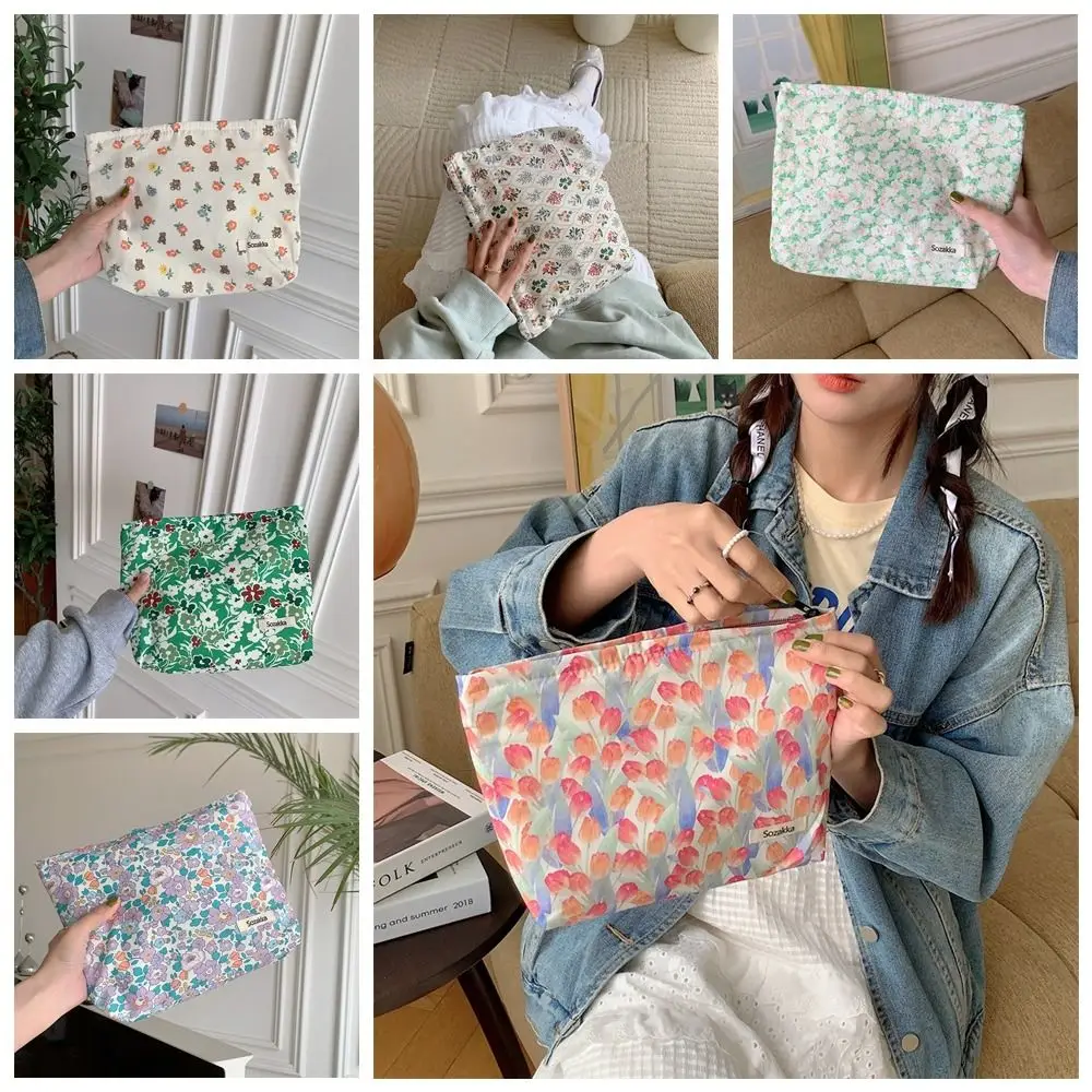 

Large Capacity Flower Makeup Bag Portable Cotton Zipper Zipper Lipstick Bag Phone Bag Square Canvas Cosmetic Bag Girl