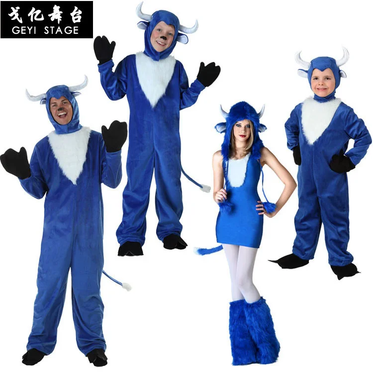 

Взрослые костюмы для косплея коровы, Новое поступление, Забавный комбинезон коровы для карнавала, раньше, голубая Пижама буйвола, детское платье