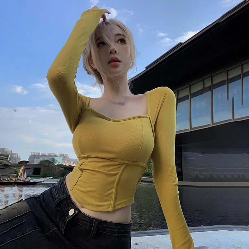 Женские топы однотонная Корейская версия облегающая пикантная футболка с