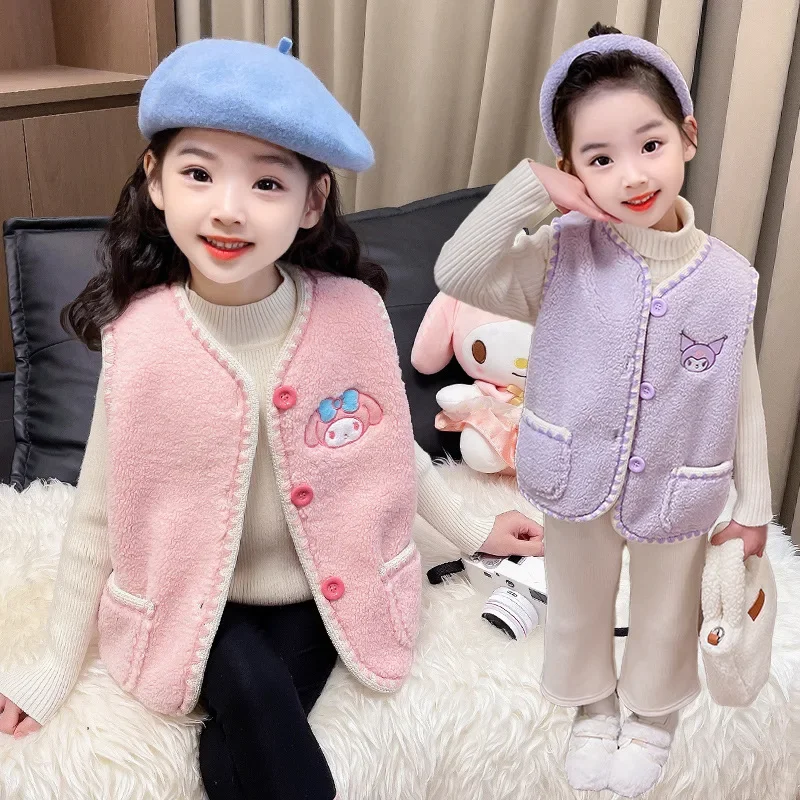 

Зимний детский жилет с аниме Sanrios My Melody Kuromi, милый мультяшный берберский флисовый теплый жилет для сна, плюшевая верхняя одежда, подарок для девочек