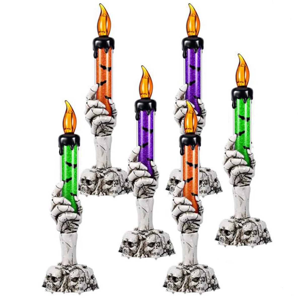 

6 Pack Skeleton Hands Hold Lighted Candle Flameless Skeleton Ghost Hand Halloween Candles Light Up LED Skull Candle Lamp