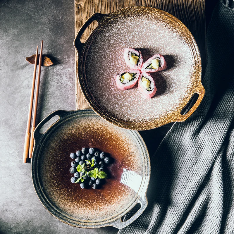 

Ceramic Dinner Plate Color Glaze 10Inch Disc Kitchen Porcelain Fruit Salad Plates Home Vegetable Dish Double Ear Discs Tableware