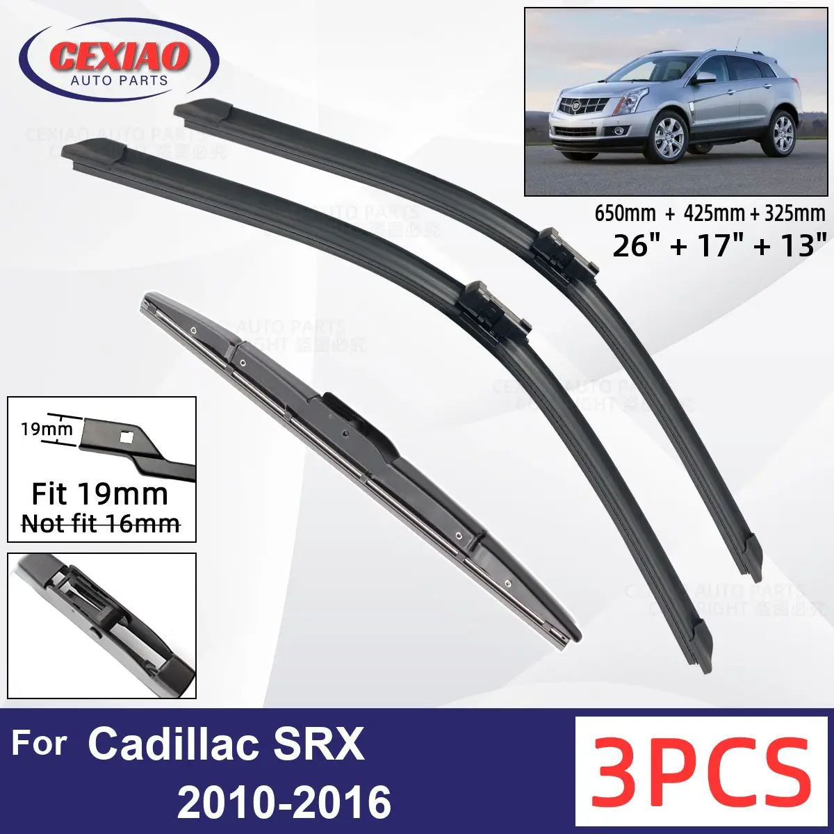 

For Cadillac SRX 2010-2016 Car Front Rear Wiper Blades Soft Rubber Windscreen Wipers Auto Windshield 26"+17"+13" 2013 2014 2015