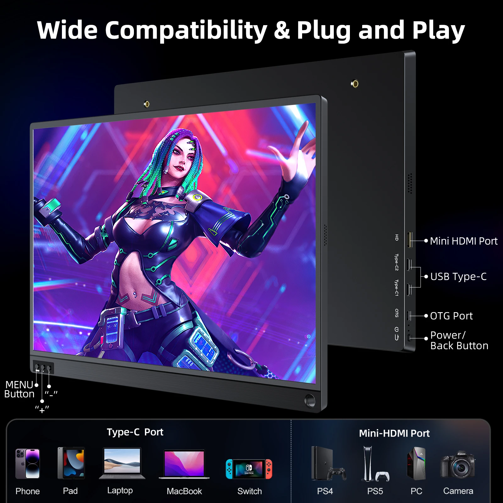 Фото Портативный игровой монитор UPERFECT 16,1'' 144 Гц для ноутбука FHD 1080P IPS HDR FreeSync внешний экран для путешествий для ноутбука ПК PS5 Mac №4