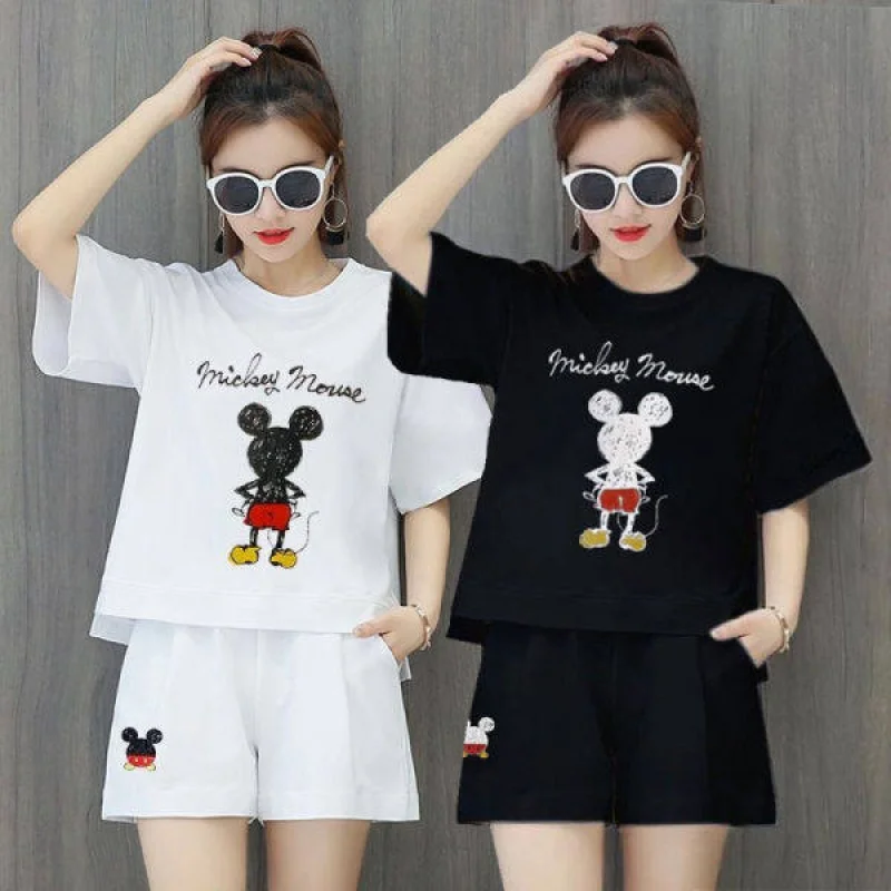

680#200of FatmmCasual Sports Suit Women 'S Summer Mickey Print Large Size Loose Short Sleeve Shorts Two-Piece Set