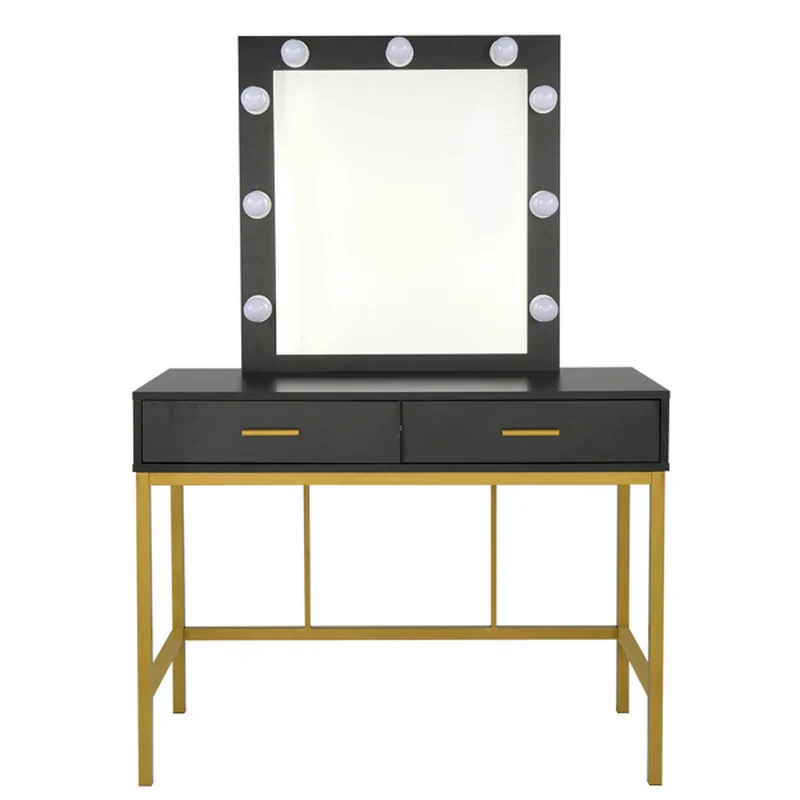 

Single Mirror with 2 Drawers and Light Bulbs, Steel Frame Dressing Table Black