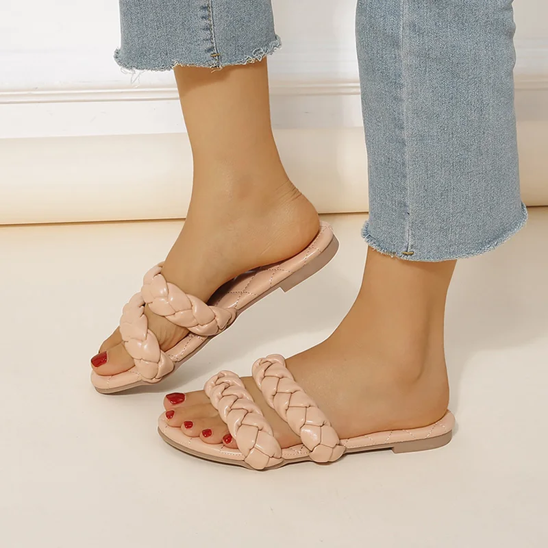 

Summer Women's Slippers Female Pu Leather Flat Weave Shoes Ladies Solid Outdoor Light Casual Plus Size Footwear