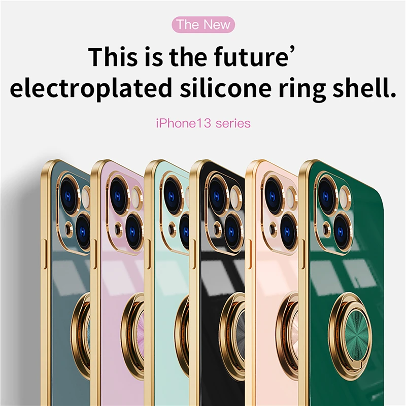 Soft Plating Magnetic Case For iPhone 13 11 12 Pro Max Mini XS XR X R 7 8 Plus SE 2020 Phone With Metal Ring Holder Stand  Cover
