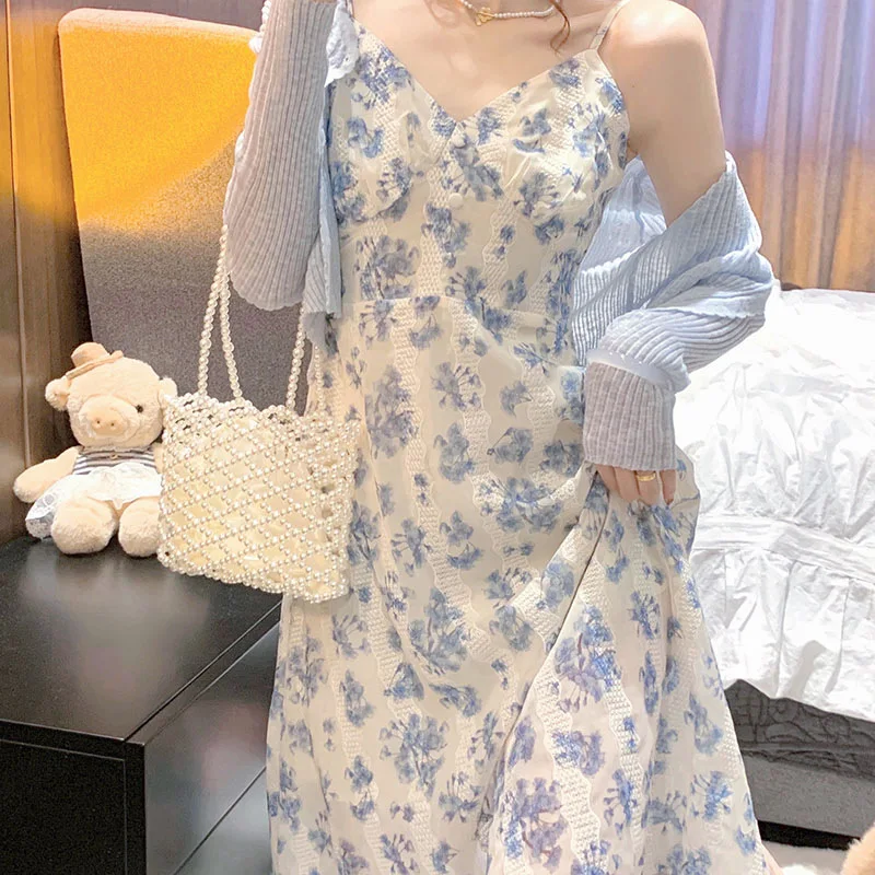 

MAGOGO Suspender Flower Dress Female Summer New Sleeveless Party Sweet Strap Long Dress Size S-L