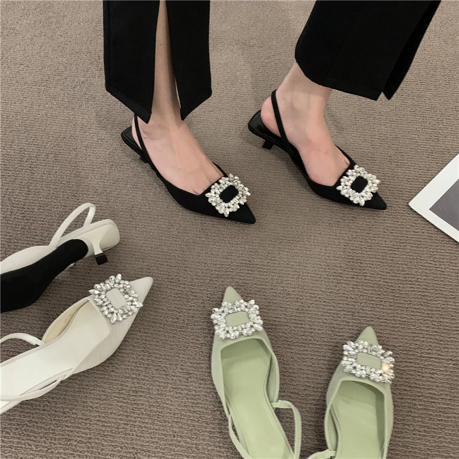

Rhinestone Women's Pumps Pointed Toe Slingback Thin-heeled Female Sandals 2022 New Fashion Crystal Shallow Mouth Ladies Shoes