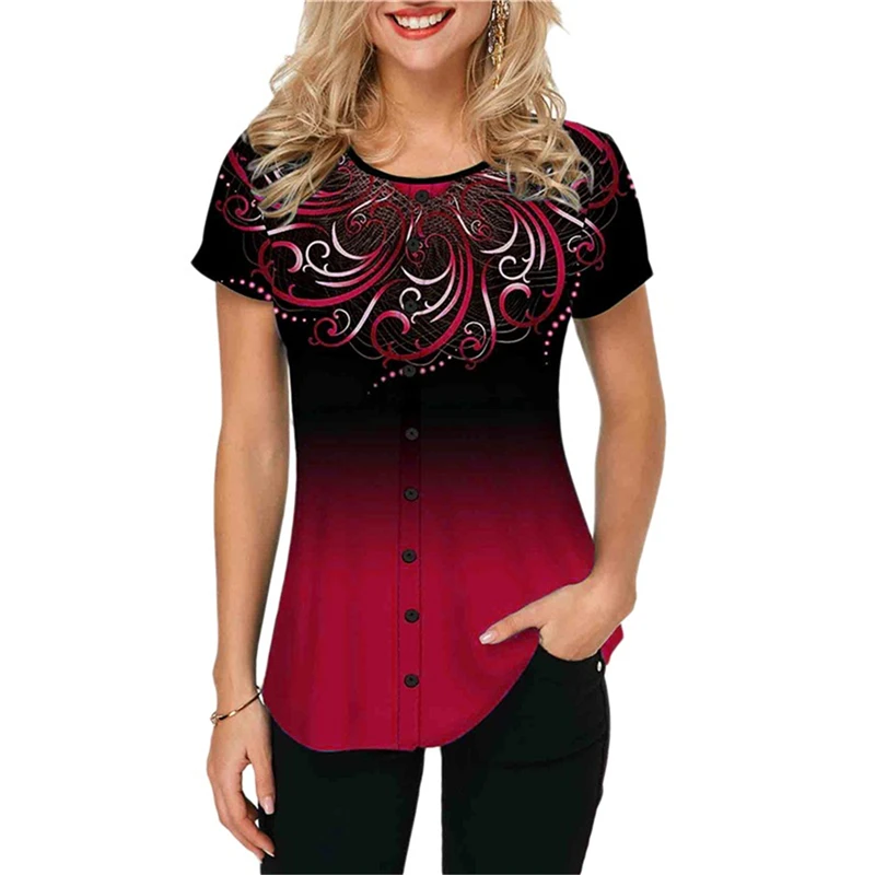 

Футболка женская в стиле ретро, модный Свободный Топ с круглым вырезом и коротким рукавом, с принтом на пуговицах, на лето