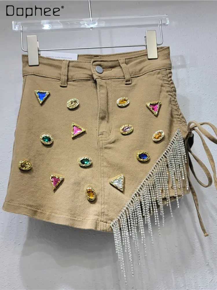 

Woman's Irregular Khaki Tassel Rhinestone Denim Skirt 23 New Harajuku Sexy Women's Summer High Waist A- Line Hip Wrap Jean Skirt