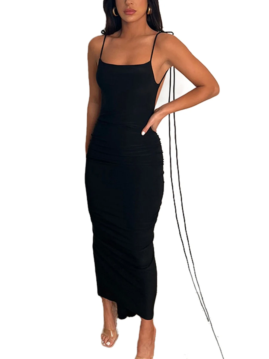 

Women Sexy Backless Adjustable Straps Sleeveless Slim Ruched Bodycon Dress Elegant Solid Party Dress Clubwear