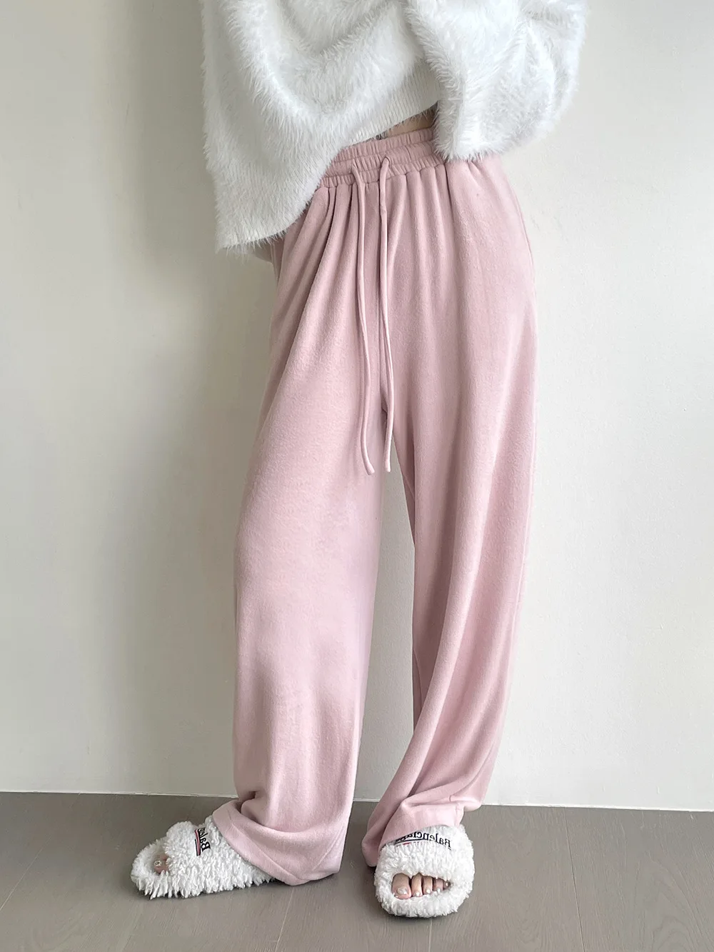 Trousers Straight Pants Women Double-sided Velvet Austrian Winter Elastic Waist Warm Loose Joggers Streetwear Clothes Clothing