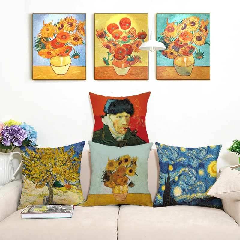 Creative Van Gogh Starry Sky Oil Painting Printing Linen Pillowcase Pillow Car Cushion Cojines Exterior Jardin