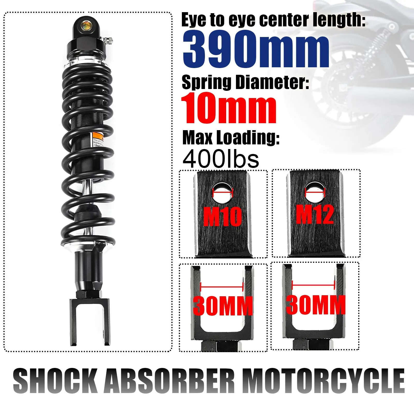 

390mm Spring 10mm Fork Head Strong Motorcycle Shock Absorber Rear Suspension Motor ATV Quad Falling protection 400lbs M10 M12