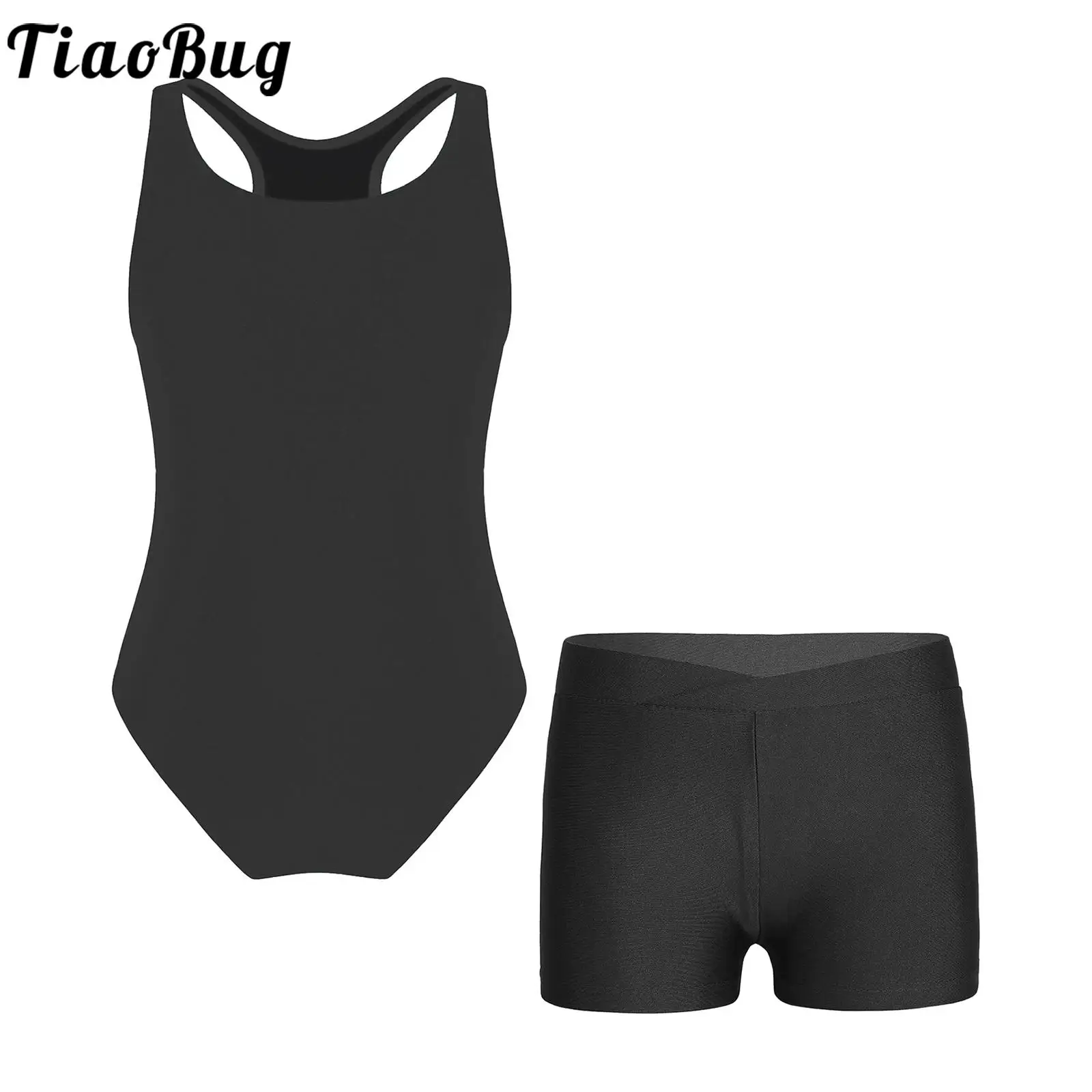 

Kids Girls Stretchy Sports Bathing Suit Swimming Diving Sleeveless Racer Keyhole Back Leotard with V-front Waistband Shorts Set