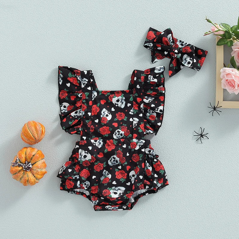 

New Fashion 2Pcs Baby Girl Halloween Outfit Rose Skull Print Square Neck Ruffle Romper + Hairband Set For Infants 0-24 Months