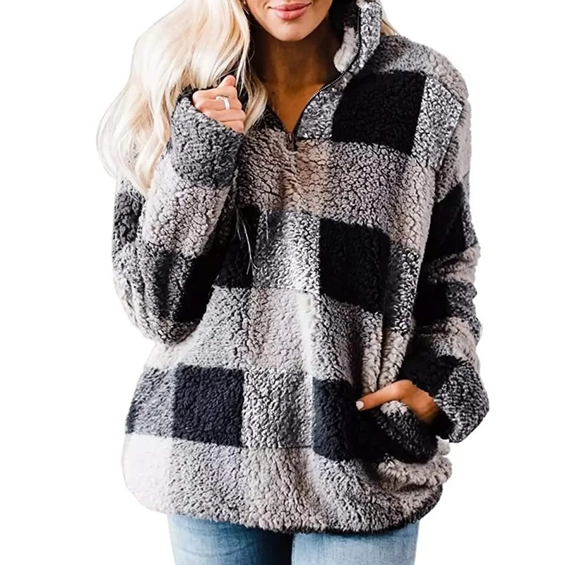 

Women Faux Fur Hoodie Winter Standard Collar Fleece Sweater Plaid Hoody Sweatshirt Female Plush Thick Casual Lamb Outcoat