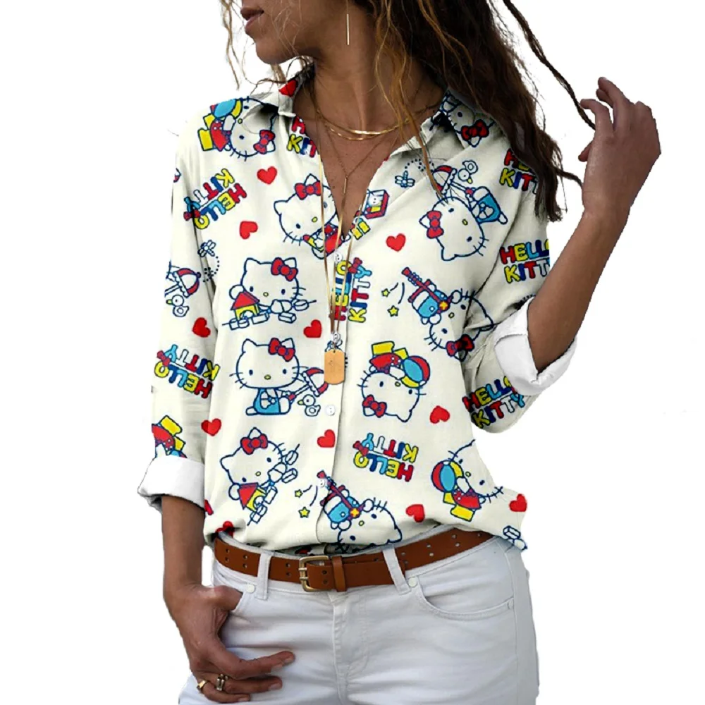 

Hello Kitty Fashion Women's Printed Summer Long-sleeved Shirt Korean Style Loose Student Shirt Trend Aesthetic Top Y2k