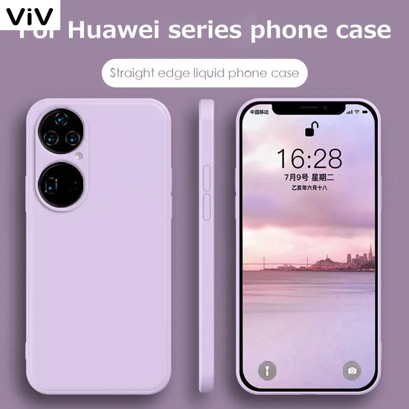 

Luxury Square Liquid Silicone Case For Huawei P50 P40 Pro Plus P30 P20 Lite Mate 40 30 20 20X V30 V40 Candy Soft Shockproof Case