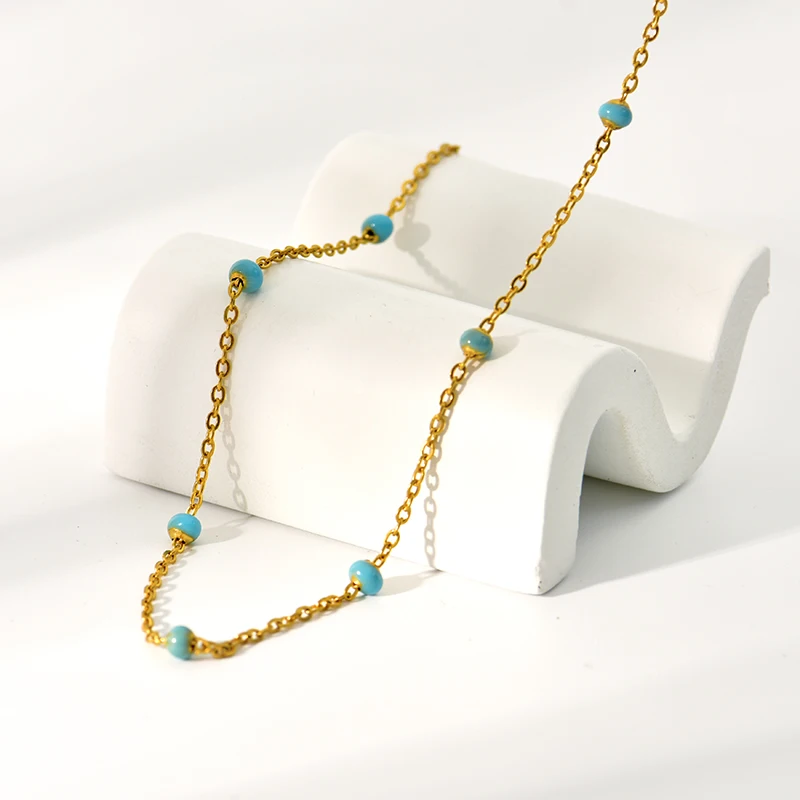 rivca blue Beads Chain Necklace for Women Choker Candy Colorful Gold Silver Color Stainless Steel Basic Bracelet Anklet Boho