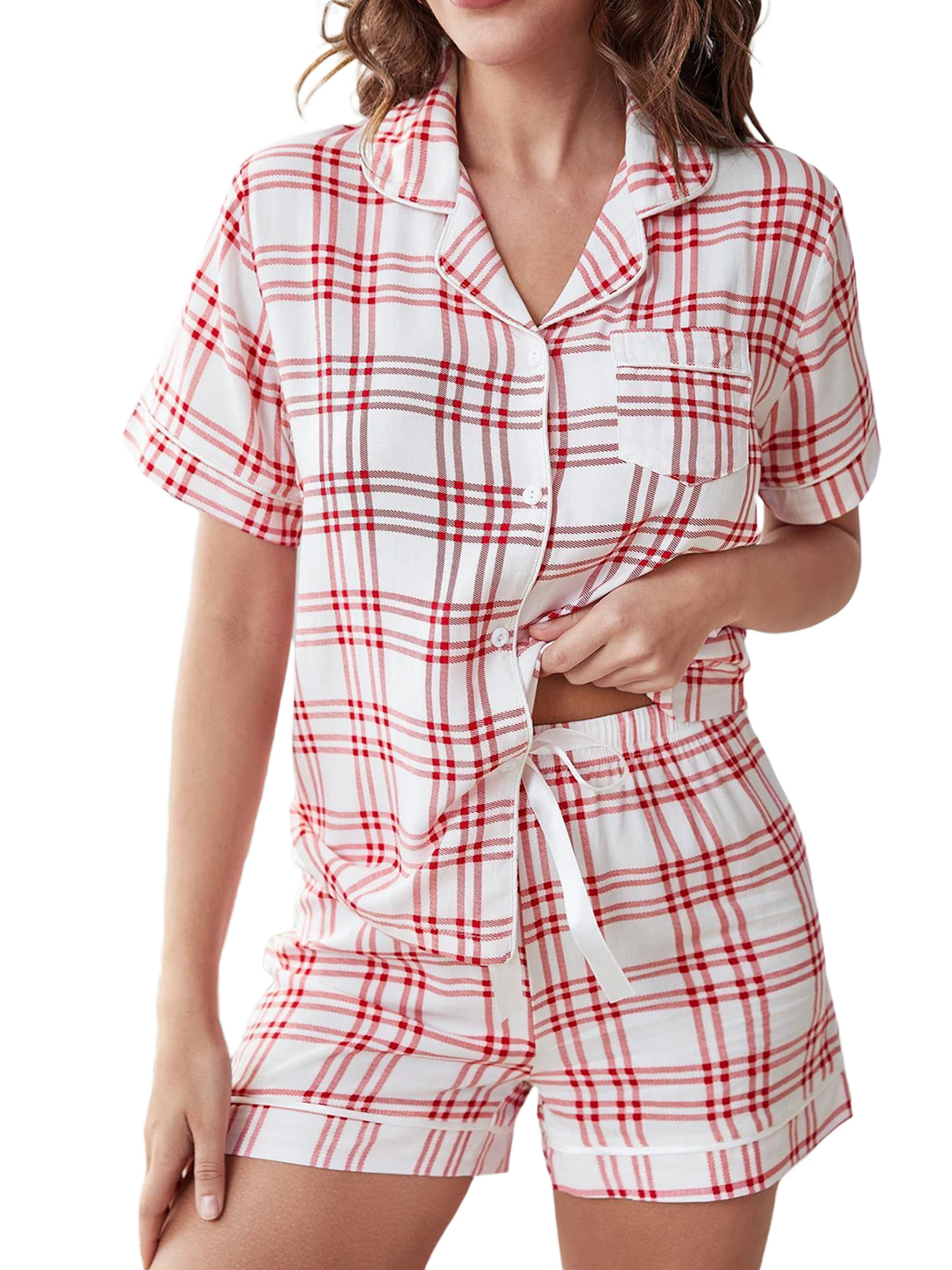 

Женский Шелковый пижамный комплект с кружевной отделкой, рубашка с коротким рукавом на пуговицах и шорты с эластичным поясом, одежда для отдыха, одежда для сна из 2 предметов