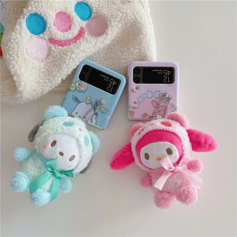 Sanrio MyMelody Pochacco With Cartoon 3D Plush Doll Phone Case For Samsung Galaxy Cover ZFlip3 ZFlip4 5G Back Cover Girl Gift
