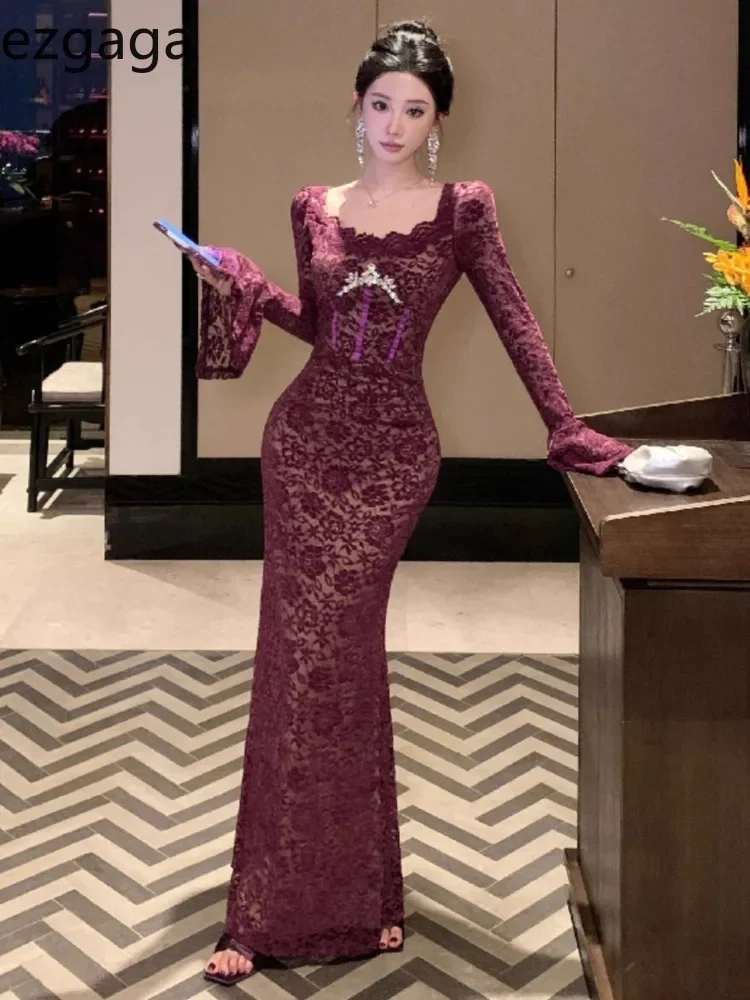 Платье-Русалка Женское кружевное с длинным рукавом