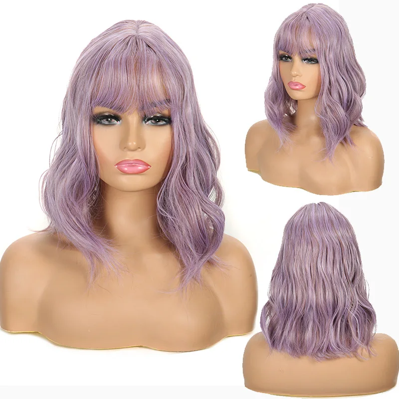 

VICWIG Women's Synthetic Hair Short Wavy Hairstyle Gray Purple Cosplay Wig With Bangs Heat Resistant Wig