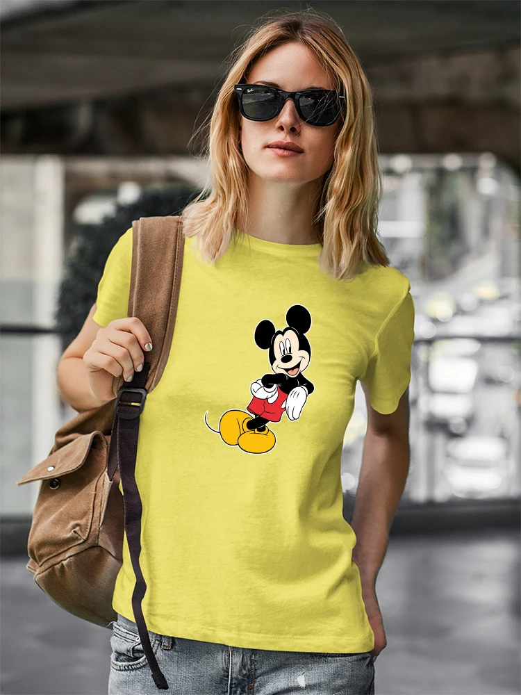 

Желтые Смешные футболки с диснеевским Микки Маусом, женские городские повседневные подходящие модные футболки с коротким рукавом в стиле Харадзюку, аниме, удобная Прямая поставка