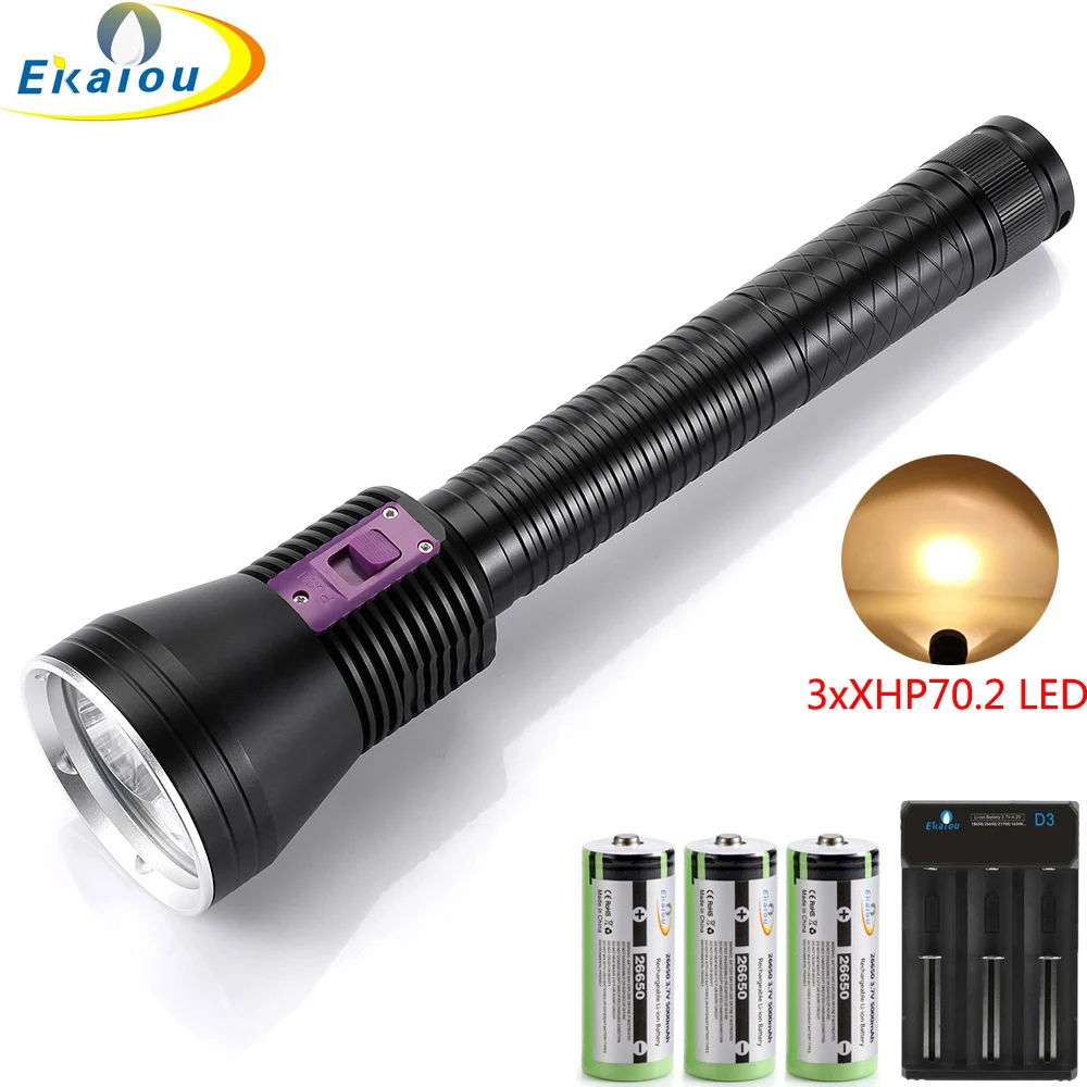 3xXHP70.2 LED Diving Flashlight Yellow Light Super Bright Underwater 100M Waterproof Grasp Fish Ligh With 26650 Battery Charge