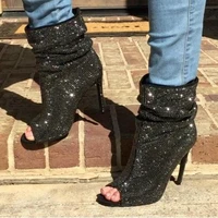 bling bling crystal women ankle boots peep toe slip on short boots sexy black rhinestone stiletto heels dress shoes