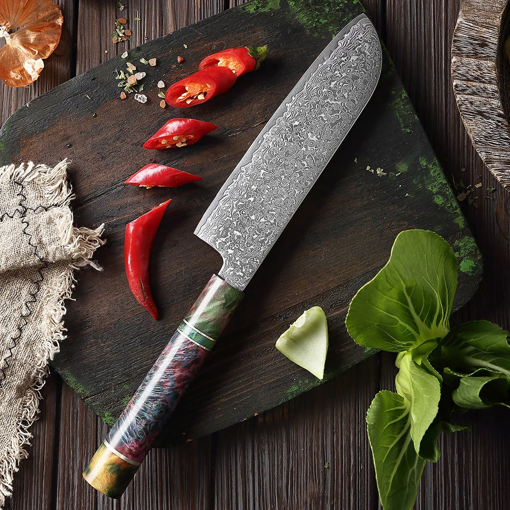 Нож Santoku 7-дюймовый японский дамасский VG10 Стальной острый нож шеф-повара