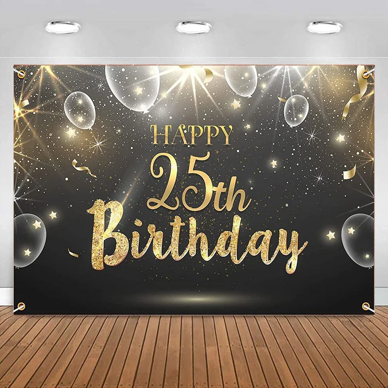 

Happy Birthday Shinning Banner Backdrop 25th Birthday Decorations Party Supplies for Women Men Black Gold Photography Background