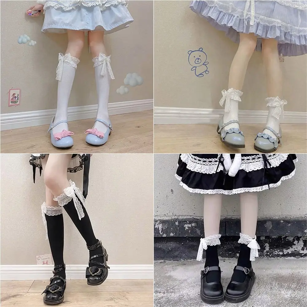 

Носки женские кружевные до середины икры с бантом и лентами