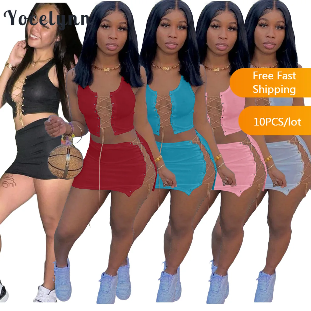 

Bulk Wholesale Items Women Summer 2 Piece Set Solid Lace Up Crop Top Hollow Out Bandage Mini Skirt Sets Sexy Club Party Outfits