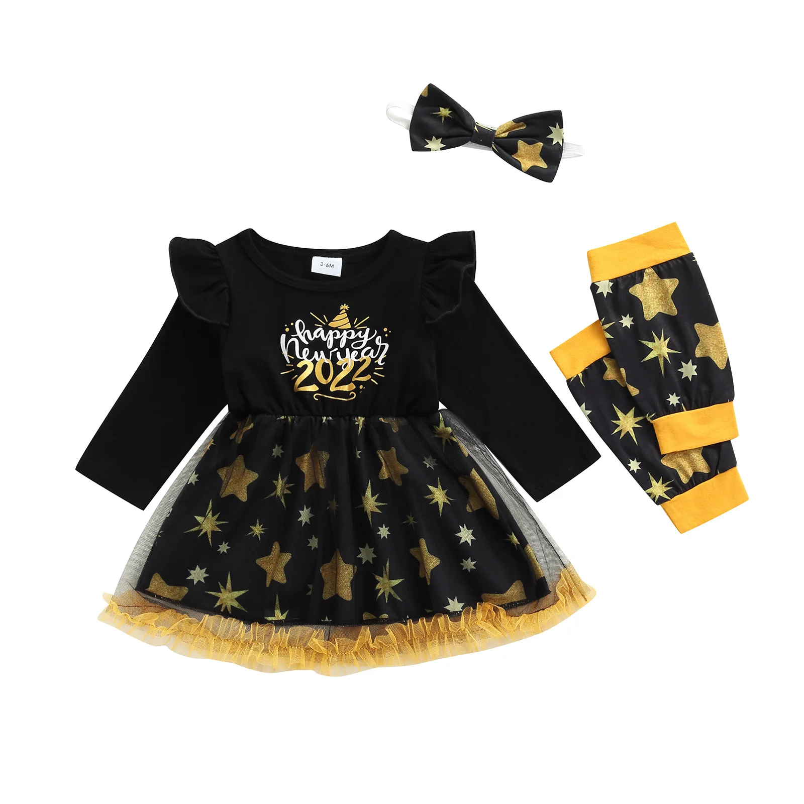 

0-24M Newborn Baby Girl 3Pcs Autumn Dress Happy New Years Letter Printed Long Sleeve Lace Patchwork Clothing Headband