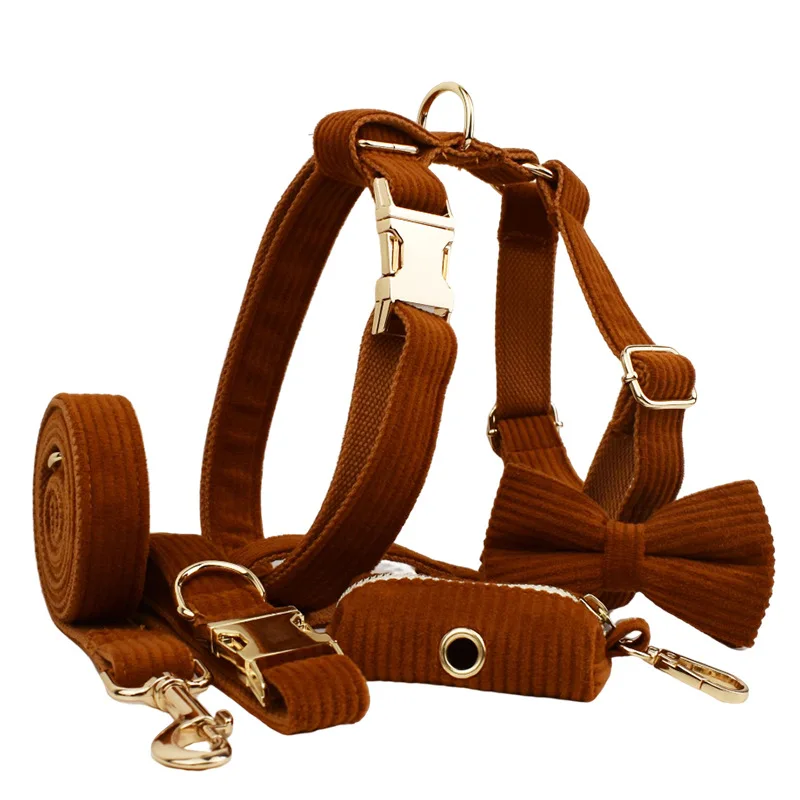 

Chocolate corduroy Dog Collar And Leash Set For Dogs Custom Engraved Nameplate Pet Supplies Dog Leash