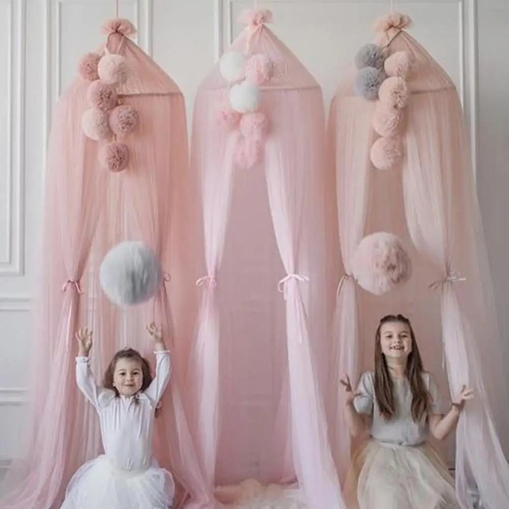 

Elegant Modern Bed Canopy with Chiffon Ball Bright Color Reusable Net Yarn Nordic Style Mosquito Net for Home