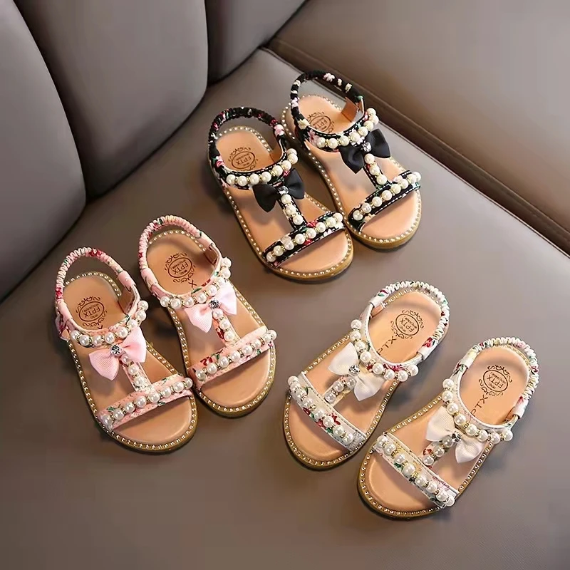 

Sweet and Cute Bohemia Girls Sandals with Bow-tie 2022 Summer Children Roman Sandals Beading Flip Flops Beach Shoes Girl