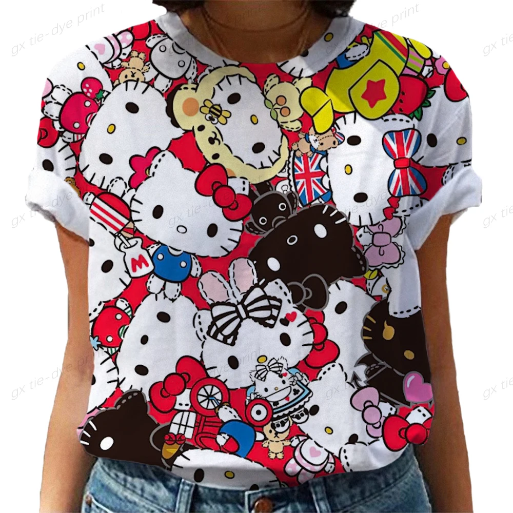 

Модная женская футболка с принтом Hello Kitty, женские топы с круглым вырезом и коротким рукавом в стиле Харадзюку, женские футболки, футболка оверсайз, Женский Топ